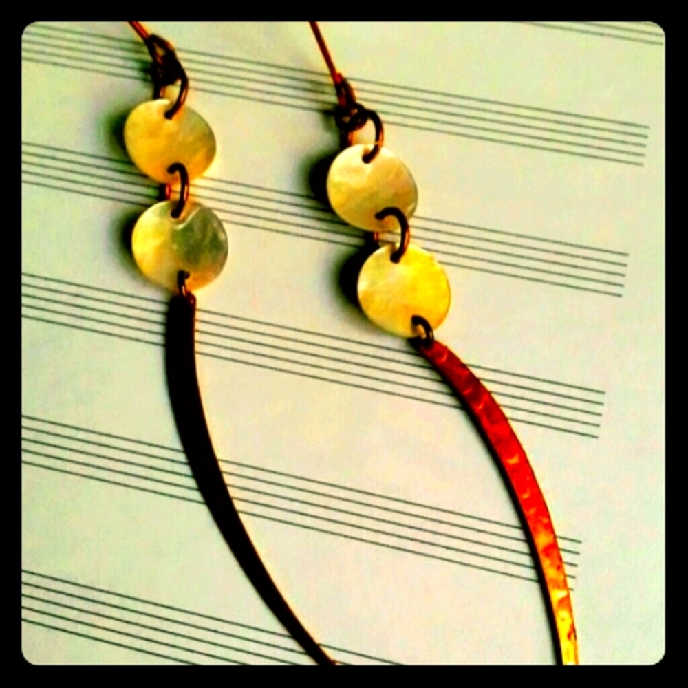 Handmade Shell Earrings, Long Copper Earrings